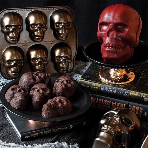 GUOFHUIM Halloween Skull Mold, Haunted Skull Cakelet Pan Skull Molds for Baking Skull Cake Pan Aluminum 3D Halloween Skull Baking Pan