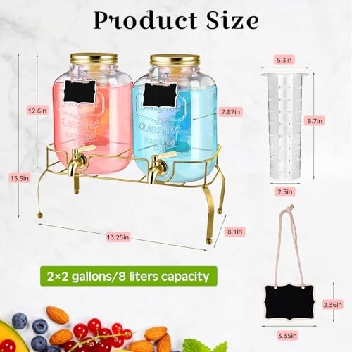 Lallisa 2 Pcs 2 Gallon Glass Drink Dispenser with Stand Ice Cylinder Hanging Chalkboard Signs 18/8 Stainless Steel Spigot ...