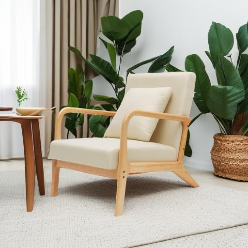 ELUCHANG Mid-Century Modern Accent Chair with Lumbar Pillow,Upholstered Armchair,Linen Fabric Comfy Reading Chair, Lounge Side Chair for Living Room Bedroom Apartment,Easy Assembly