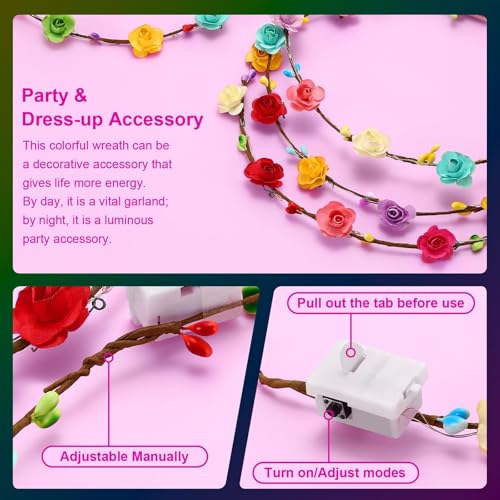 HONLYNE Valentines Day Gifts, 54 PCS New Year LED Flower Crowns Headbands, Light Up Flower Crowns For Women, Glow in the D...