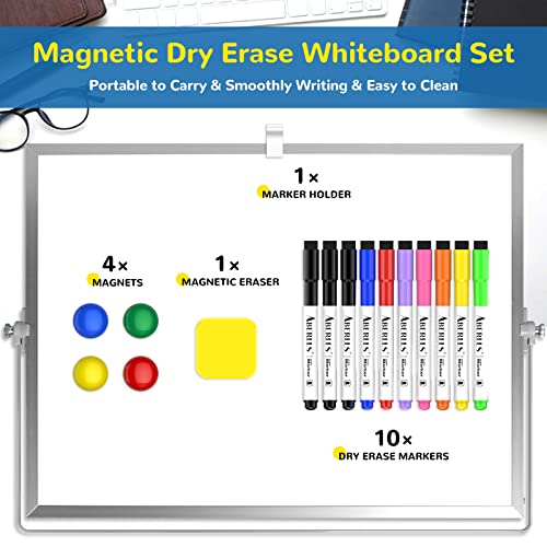 Dry Erase White Board, 16inX12in Large Magnetic Desktop Whiteboard with Stand, 10 Markers, 4 Magnets, 1 Eraser, Portable D...