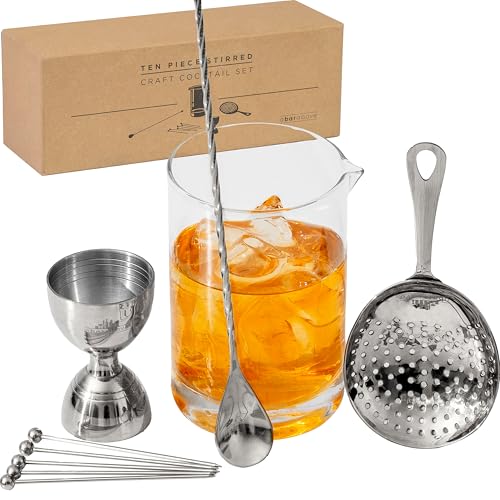 A Bar Above 10 Piece Cocktail Mixing Glass Set, Lead Free Cocktail Set with Mixing Glass, Bar Spoon, Julep Strainer, Bell ...