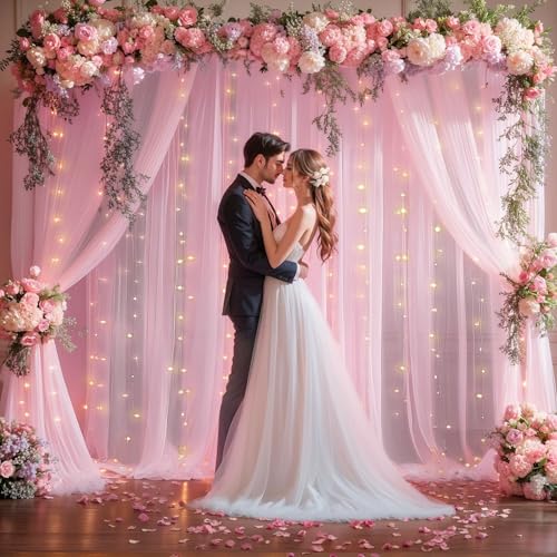10x10ft Pink Tulle Backdrop Curtains with Lights String for Parties,Wrinkle Free Sheer Curtain with Lights Wedding Photo B...
