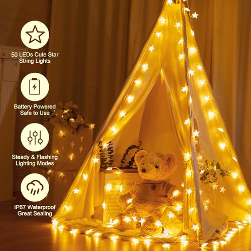 Minetom Star String Lights Battery Operated - 17 ft 50 LED Star Fairy String Lights with Timer, Waterproof for Indoor Bedr...
