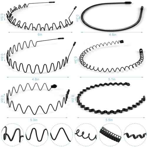 fenshine 6PCS Metal Hair Bands, Spring Wavy Hoop Unisex Black Headband Slicked Back Non Slip Sports Hairband for Women Men¡¦