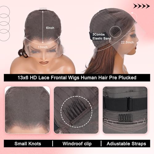 Brown Wig Human Hair 200% Density 13x6 Body Wave Lace Front Wigs Human Hair Pre Plucked Short Wigs for Black Women Glueless Frontal Wig Human Hair Loose Wavy 16 inch