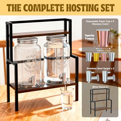 2PCS 1.5 Gallon Drink Dispenser - Glass Beverage Dispenser With Wood Stand and Leakproof Stainless Steel Spigot, Large Dri...