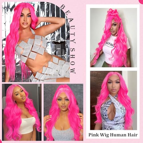 Pink Wig Human Hair 13x4 Pink Lace Front Wigs Human Hair Pre Plucked Body Wave Wig 200 Density Real Hair Frontal Wigs for Women 24 Inch