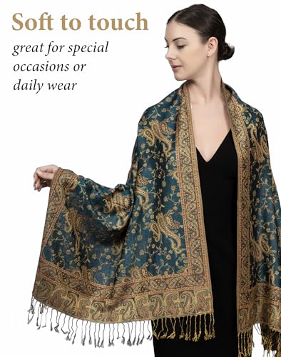 Achillea Reversible Paisley Pashmina Rave Scarf – Exotic Indian Shawls and Wraps for Evening Dresses, Festivals, All Seasons