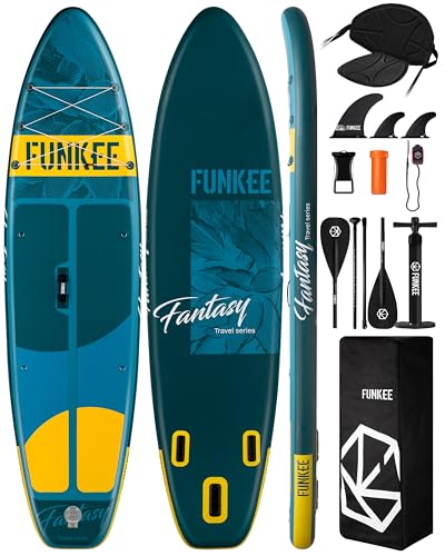 FUNKEE 11’×34"×6" Extra Wide Inflatable Stand Up Paddle Board, Sup Board with Removable Fins, Backpack, Floating Paddle, S...