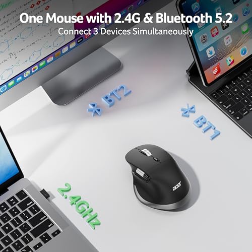acer Ergonomic Mouse Wireless Rechargeable with Side Scroll (BT5.2+2.4GHz), Bluetooth Computer Mouse for Laptop, 6 Adjusta...