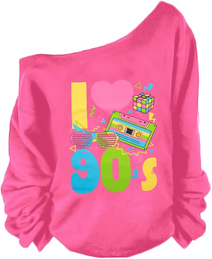 QLIPIN 80s 90s Outfits for Women 80's Theme Party Long Sleeve Shirt 90s Off the Shoulder Sweatshirt Retro Neon Disco Pullover