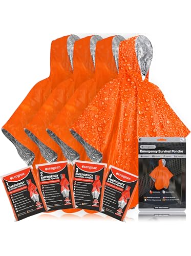 aZengear Emergency Survival Poncho (4pc) Thermal Mylar Foil Blanket for Heat Retention and Rain | Reversible with Hood | W...