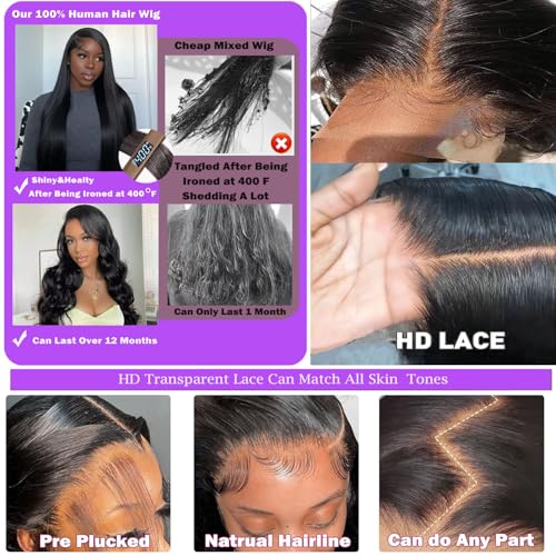 13x6 Body Wave Lace Front Wigs Human Hair 200% Density HD Lace Front Wigs Human Hair Pre Plucked Natural Color Glueless Wig 100% Virgin Lace Front Wigs for Women(24inch)