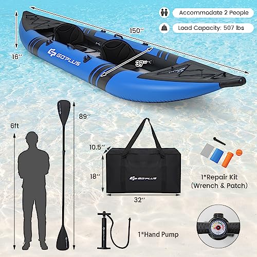 Goplus Inflatable Kayak, 2-Person Kayak Set for Adults with 507 LBS Weight Capacity, 2 Aluminium Oars, EVA Padded Seat, 2 ...