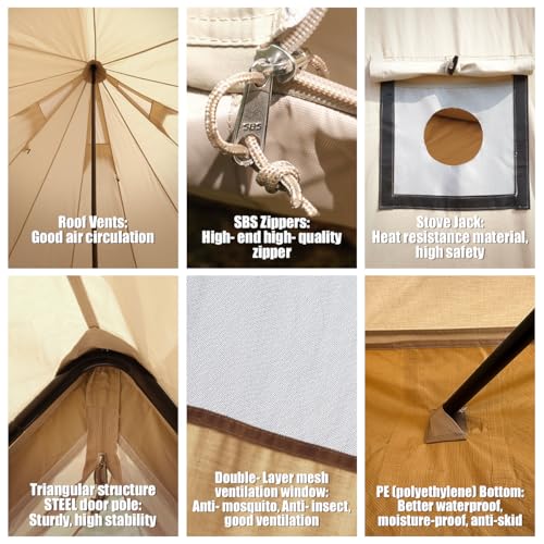 Canvas Bell Tent Yurt Tent 4 Seasons for Camping 100% Cotton Glamping Tents with Stove Jack, Family Camping Outdoor Huntin...