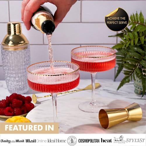 VEMACITY - Ribbed Espresso Martini Glasses Set of 4 with Gold Rims - Vintage Cocktail Glasses for Margaritas, Champagne an...