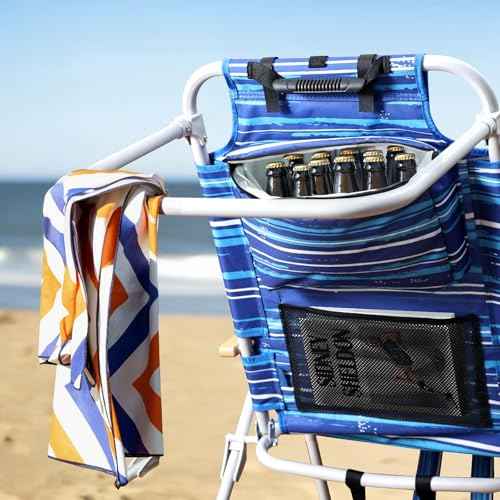 Tall Beach Chairs for Adults, 17" High Backpack Beach Chair with Wooden Armrests, 5 Positions Reclining Heavy Duty Chair with Large Cooler Pouch, Support to 350LBS Striped Blue,1pack