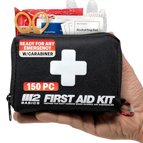 M2 BASICS Premium Compact First Aid Kit, 150 Pieces, Portable for Car, Travel, Vehicle, Hiking & Purse