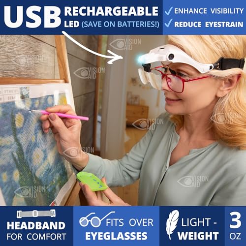 Vision Aid Magnifying Glasses with LED Light, 5 Lenses, Headband, Storage Case | Hands Free Lighted Head Mount Magnifier f...