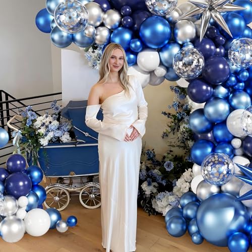 Blue White Silver Balloon Garland Arch Kit, 140Pcs Navy Light Metallic Blue Silver White Confetti Balloons With Stars for ...