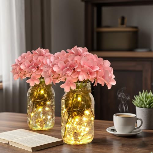 Juinte 4 Sets Mason Jar with Lights Pink Hydrangea Decorative Pink Centerpieces for Tables Mason Jars Flowers Decorations ...