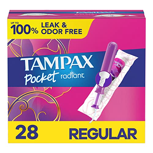 Tampax Pocket Radiant Compact Plastic Tampons, with LeakGuard Braid, Regular Absorbency, Unscented, Pack of 3 (28 count ea...