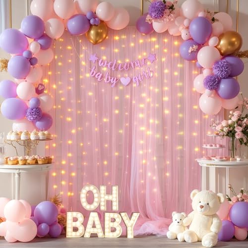 10x10ft Pink Tulle Backdrop Curtains with Lights String for Parties,Wrinkle Free Sheer Curtain with Lights Wedding Photo B...