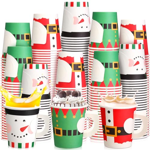 Maxcheck 150 Pcs Christmas Paper Cups 7oz Disposable Christmas with Handles Santa Snowman Elf Tea Coffee Cups Hot Chocolat...