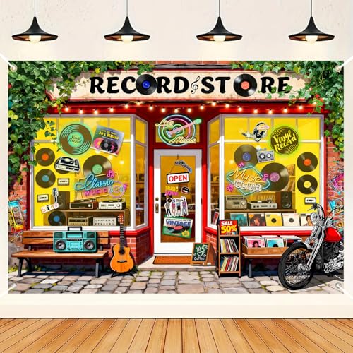 HANYING Cartoon Records Store Backdrop Retro Music Theme Birthday Party Photography Background 1950s Disco Dance Concert F...