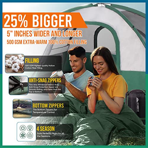 IFORREST Double Cotton Flannel Sleeping Bag for Adults – Extra-Wide 2-Person 10°F Cold Weather Camping Bed, Warm Queen XXL...