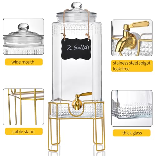 Drink Dispenser,2 Gallon Drink Dispensers for Parties,Beverage Dispenser with Stand,Glass Lid and Stainless Steel Spigot L...