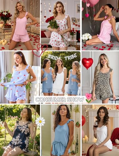 Ekouaer Pajama for Women Set 2 Piece Lightweight Summer Pajamas Soft Sexy Lingerie Ruffle Cami and Shorts Bridal Pj
