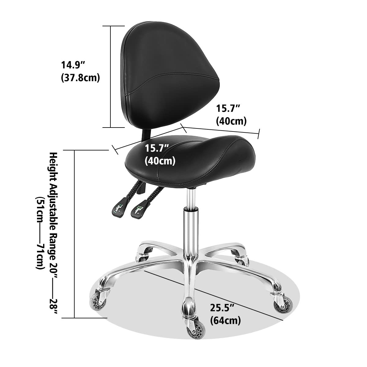 Saddle Stool Dental Hygienist Chair with Back Support, Rolling Esthetician Saddle Stool for Lash Salon Tattoo Shop Spa Dentist Clinic, Black, Adjustable Height 20-28 Inches, 100% Molded Foam Seat