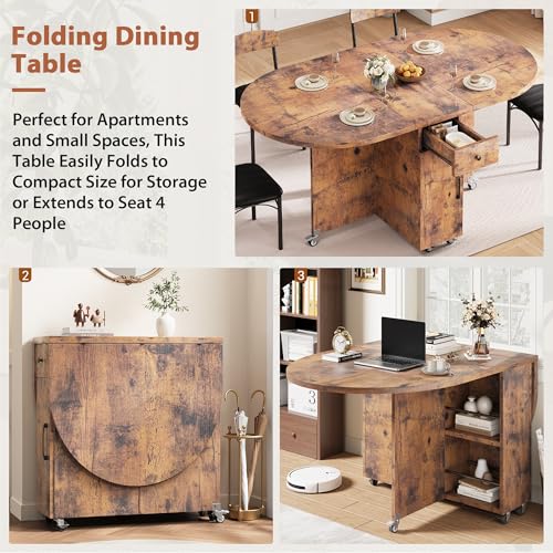Jocoevol Folding Dining Table for 4 Kitchen Dining Room DinnerTable with Storage Drawer Space Saving Oval Foldable Drop Le...