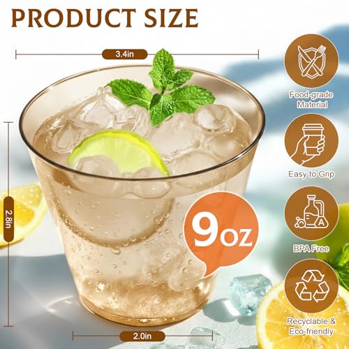 Glowserve 150 Pack Plastic Cups 9 oz Brown Clear Plastic Cups for Cocktail Fancy Disposable Cup for Party Stemless Wine Gl...