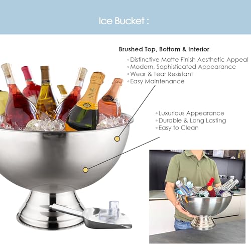 Winsterch 18/8 Stainless Steel Ice Bucket for Parties,Beverage Tub Party Bucket with Scoop,Banquet Champagne Ice Bucket Bi...