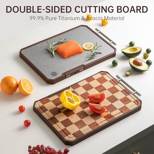Titanium Cutting Board with Knife Sharpener, Pure Titanium & Acacia Wood Cutting Boards for Kitchen, Double Sided Checkerb...