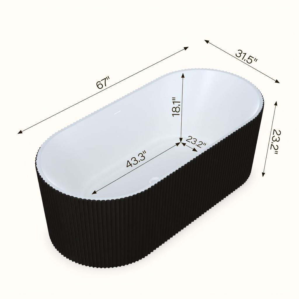 67" Freestanding Bathtub, Deep Soaking Tub with Non-Slip Base, CUPC Certified Stand Alone Tub, Modern Bathroom Soaker Tub with Chrome Drain, Easy Install, White