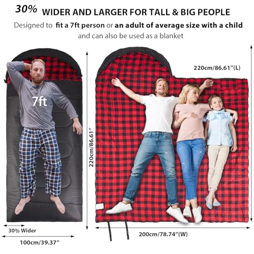 GEERTOP Flannel Sleeping Bags for Adults Big & Tall People Portable Cold Weather Envelope XXL All Seasons Camping Sleeping...