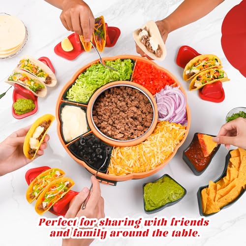 Taco Tuesday Kit - Taco Bar Serving Set for a Party with 33oz Heated Pot, 4 Taco Holders, Detachable Lazy Susan Tray, Perf...