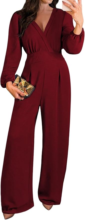 Pink Queen 2025 Jumpsuits for Women Dressy Long Sleeve V Neck Wide Leg Pants Romper Business Casual Outfits