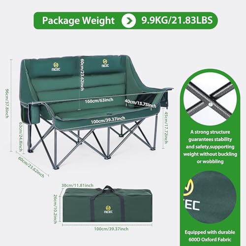 Nice C Double Padded Camping Chair, with Cup Holder, Cooler Bag, Bottle Opener Loveseat Camping Chair, with Cooler Bag, Wi...