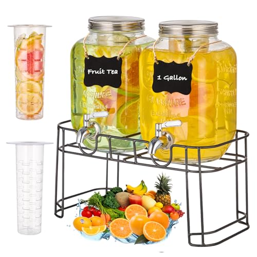 1 Gallon Glass Drink Dispensers for Parties, 2PACK Beverage Dispenser with Stand, Fruit Infuser and Stainless Steel Spigot...