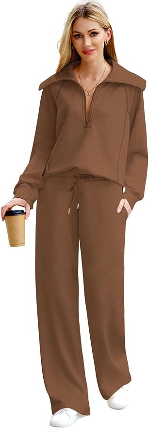 XIEERDUO Lounge Sets For Women 2025 Half Zip Sweatshirt And Wide Leg Sweatpant 2 Piece Outfits Sweatsuit Tracksuit