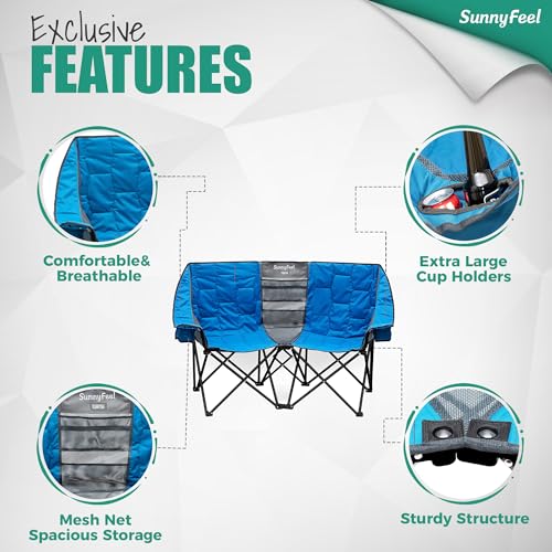 SUNNYFEEL Folding Double Camping Chair, Oversized Loveseat Chair, Heavy Duty Portable/Foldable Lawn Chair with Storage for...
