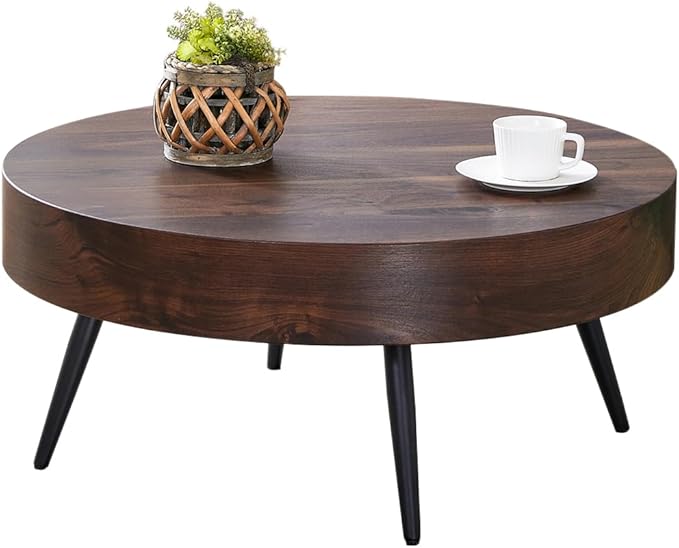 LKTART Coffee Table for Living Room, Round Wood Coffee Tables with Storage, Modern Metal Accent Center Tea Table for Apartment Small Space (31Inch-Walnut)