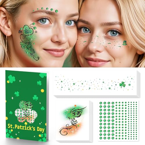 EMOME St Patrick Day Accessories, St Patrick's Day Glitter Shamrock Face Tattoo with Green Face Gems and Faux Freckles, Sa...