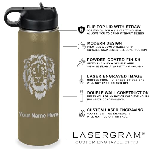 LaserGram Personalized Water Bottle, Bass Fish, Stainless Steel Double Wall Vacuum Insulated with Flip Top Straw, Custom E...