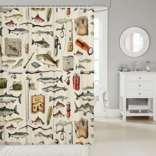 Manfei Fishing Shower Curtains,Rustic Lake House Bass Fish Animal Hunting Bath Curtain,Natural Adventure Fishing Rod Bathr...